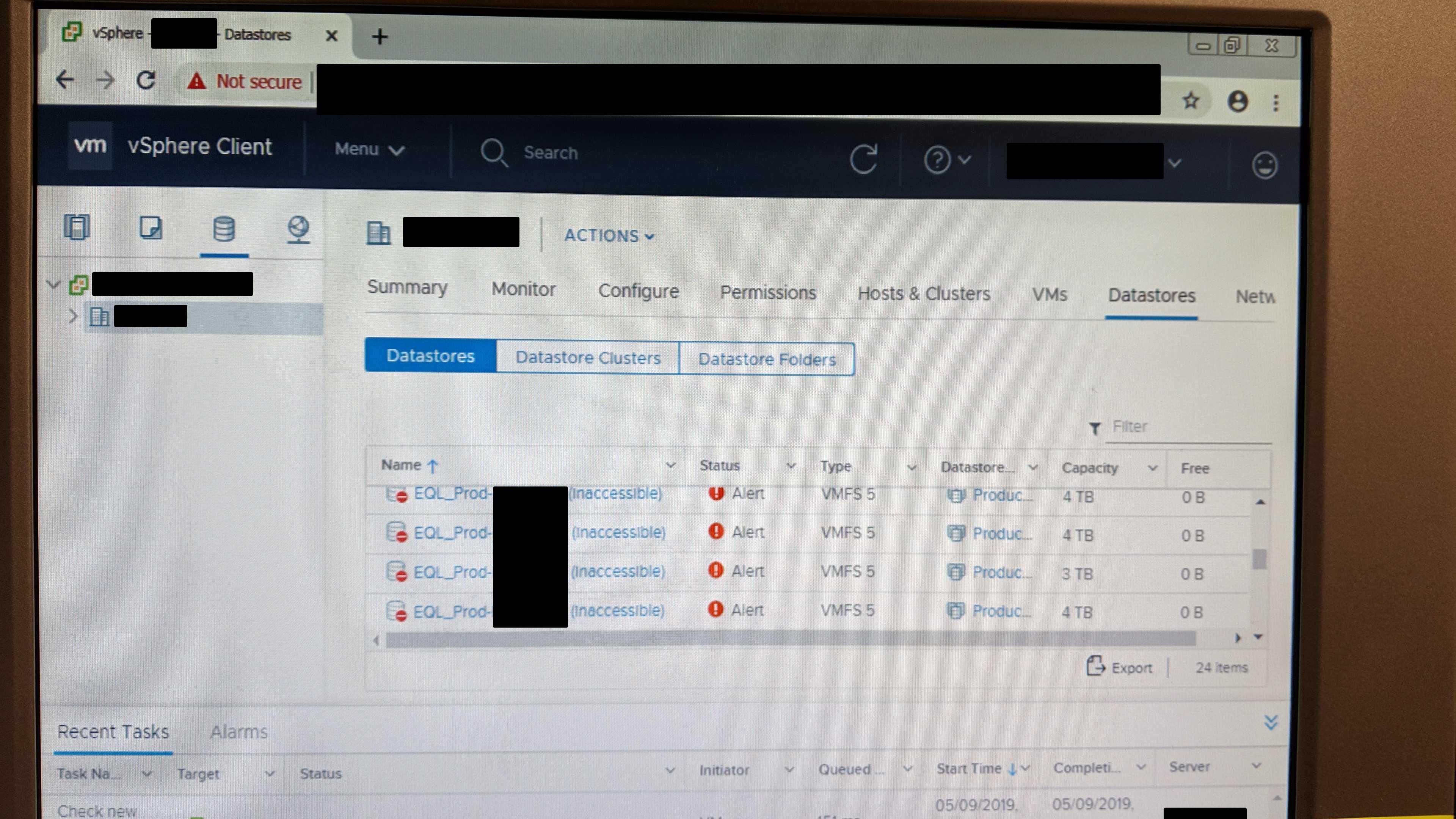Screenshot of storage failure.